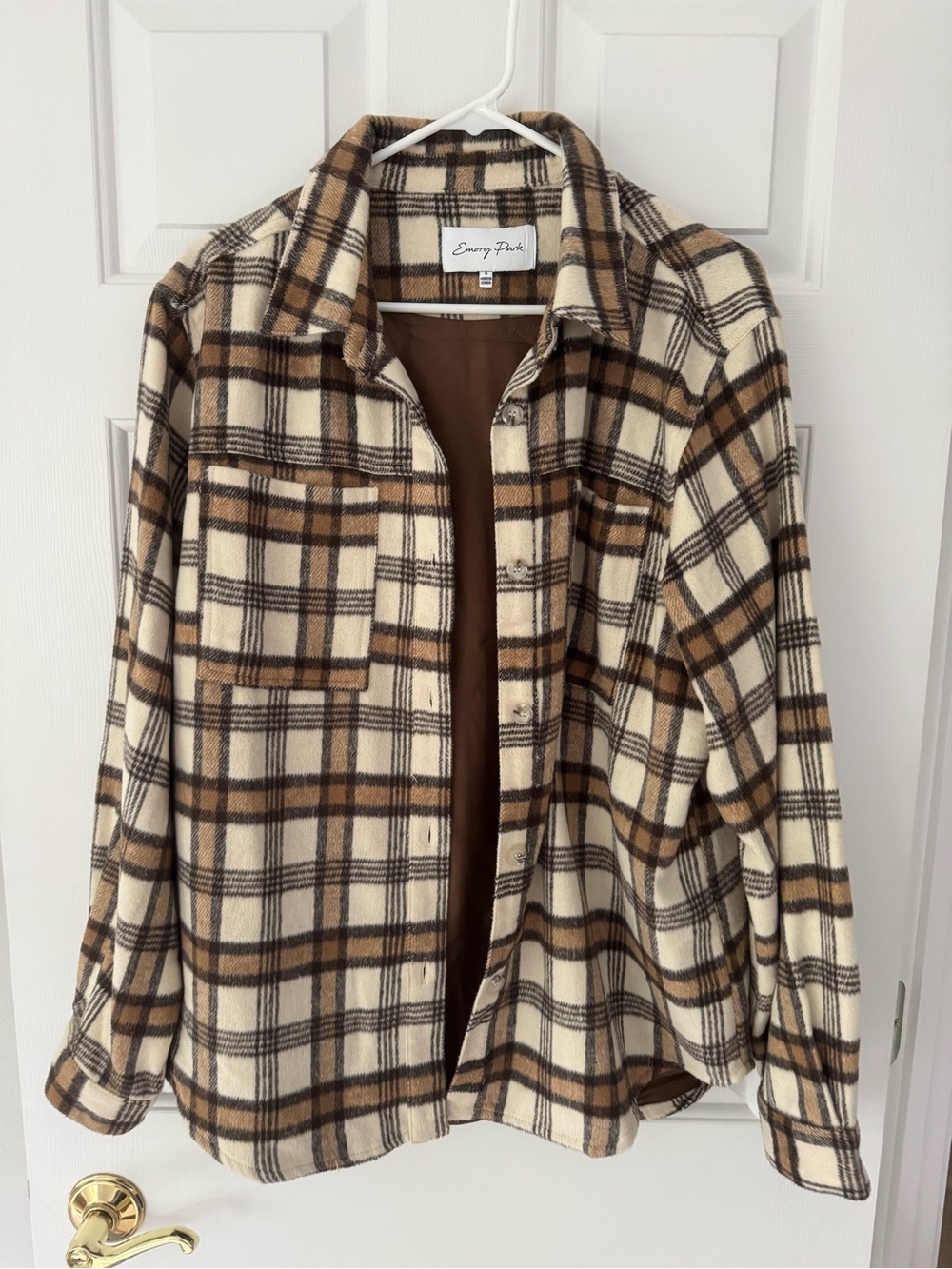 emory park Cream & Brown Plaid Utility Shacket